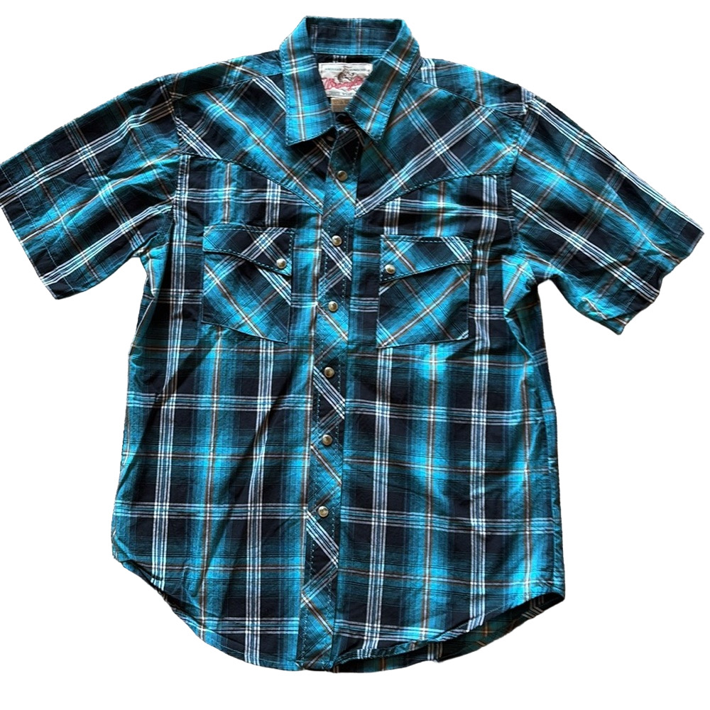 Wrangler Mens Medium Retro Inspired Blue Plaid Short Sleeve Shirt